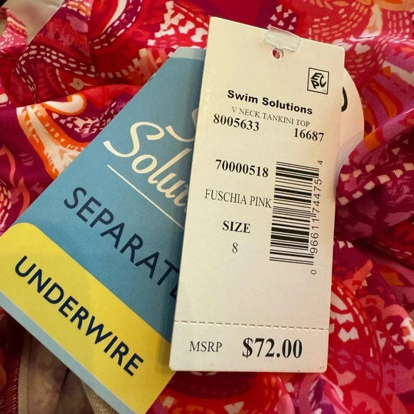 Swim Solutions Underwire V Neck Paisley Tankini Swim Top Pink Size 8 NWT - Picture 8 of 11